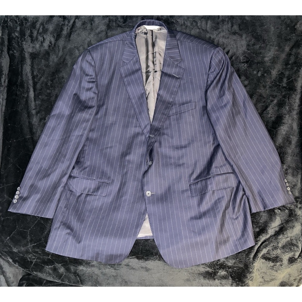 Samuelsohn Super 120s Wool Mens Blazer 48R Navy Sport Coat Two Button Pinstripe